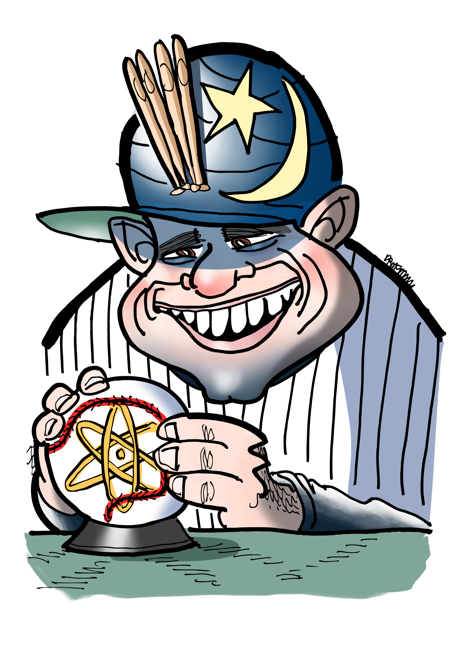 Caricature of Yankee great and Baseball Hall of Famer Yogi Berra as a fortune teller looking into a crystal ball that looks like a baseball