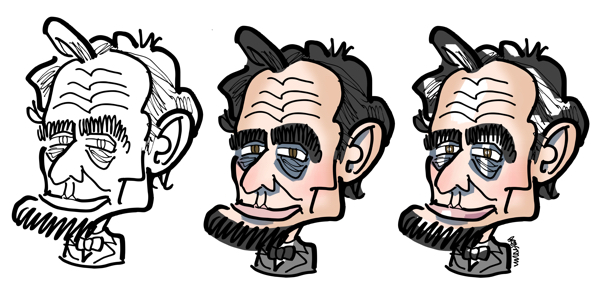 Caricature of Abraham Lincoln, 4-panel sequence starting with line drawing, adding color and lighting effects to achieve finished drawing