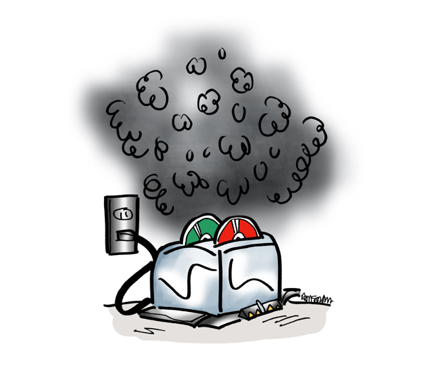 Two CD's, one red, one green, in slots of toaster with smoke pouring out of it