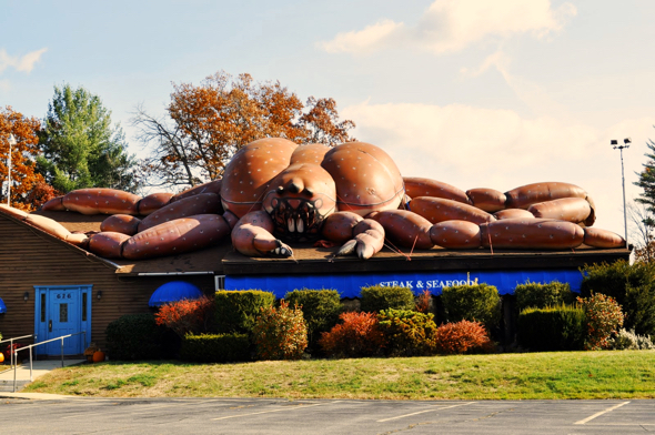 Photo of giant inflated crab on roof of Nick's Restaurant in Keene NH, photo taken in 2011 by Bill Owens