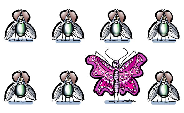 Two rows of houseflies with colorful butterfly in middle. Butterfly is spreading her wings showing how colorful and pretty she is compared with the drab and boring flies.