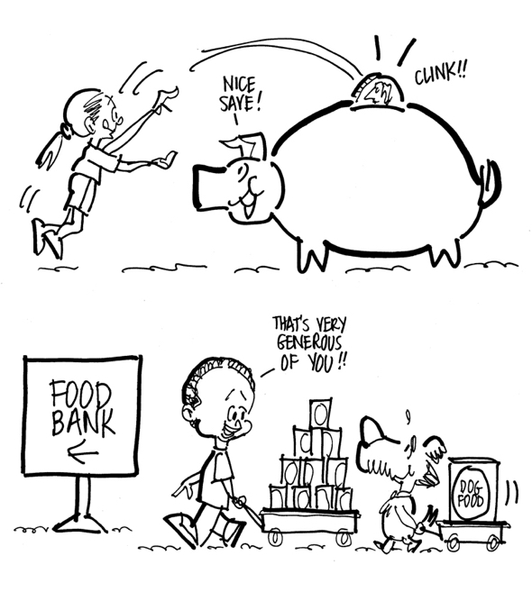 Two rough sketches by illustrator Mark Armstrong, one showing a girl making a basket by tossing a coin into a piggy bank, the other showing a boy and his dog delivering canned goods to food bank