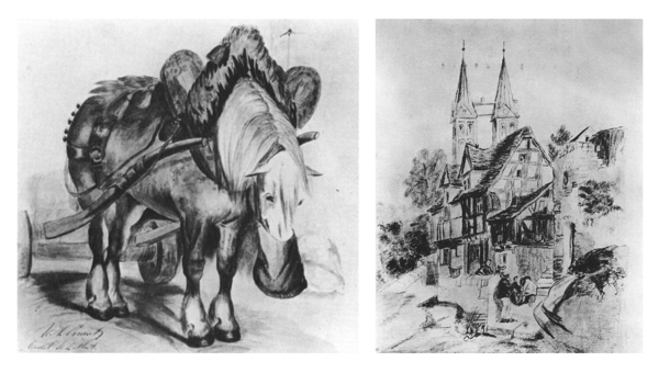 Two drawings B&W watercolors by Ulysses S. Grant, done when he was a cadet at West Point Military Academy, a horse and a village scene