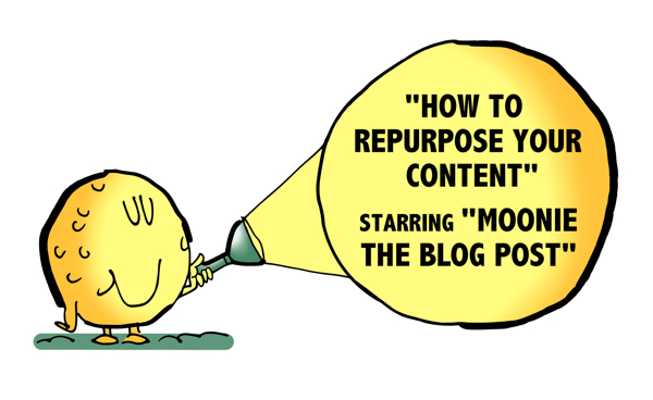 Moon with flashlight lighting up circle sign that says "How To Repurpose Your Content" starring "Moonie The Blog Post"