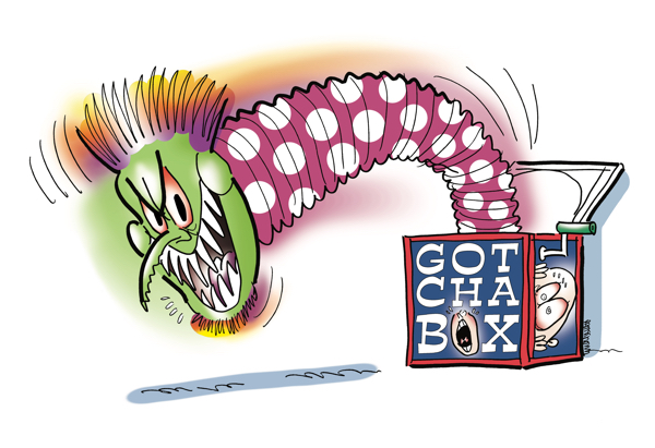 Evil-looking monster jack-in-the-box popping out of musical Gotcha Box, looking very fiendish