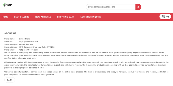 About Us page on the statloveov.live scam site with poor English, fake store street address, fake email address, and no phone number