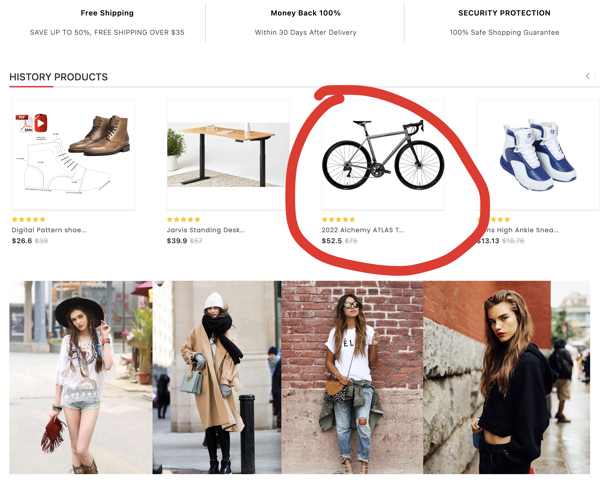 Screenshot of products posted for sale on the statloveov.live scam site, including an Alchemy ATLAS bicycle