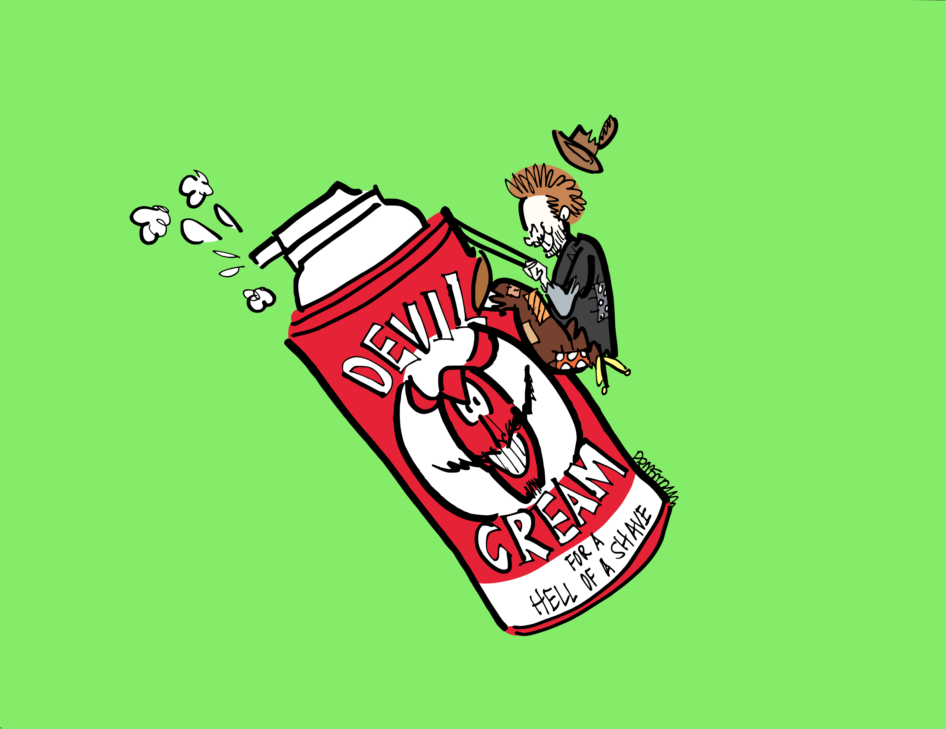 Kid dressed as a hobo for Halloween. He's riding a gigantic can of shaving cream like a bucking bronco. On the can is a devil's face with the words "Devil Cream - for a hell of a shave."