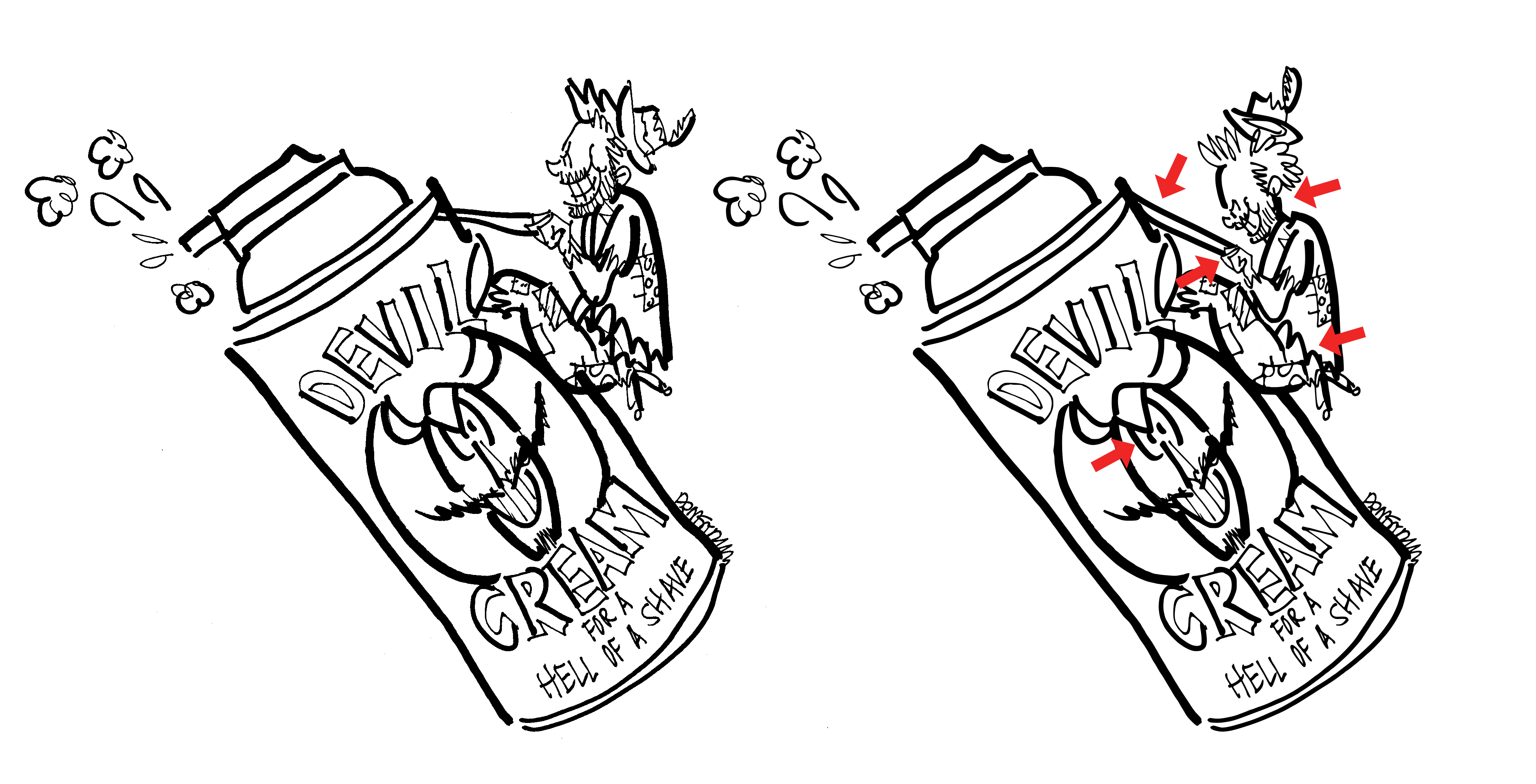 Compare of two line drawings of a hobo riding a giant can of shaving cream. First image shows the original sketch containing mistakes. The second image shows where each of the mistakes in the original was corrected.