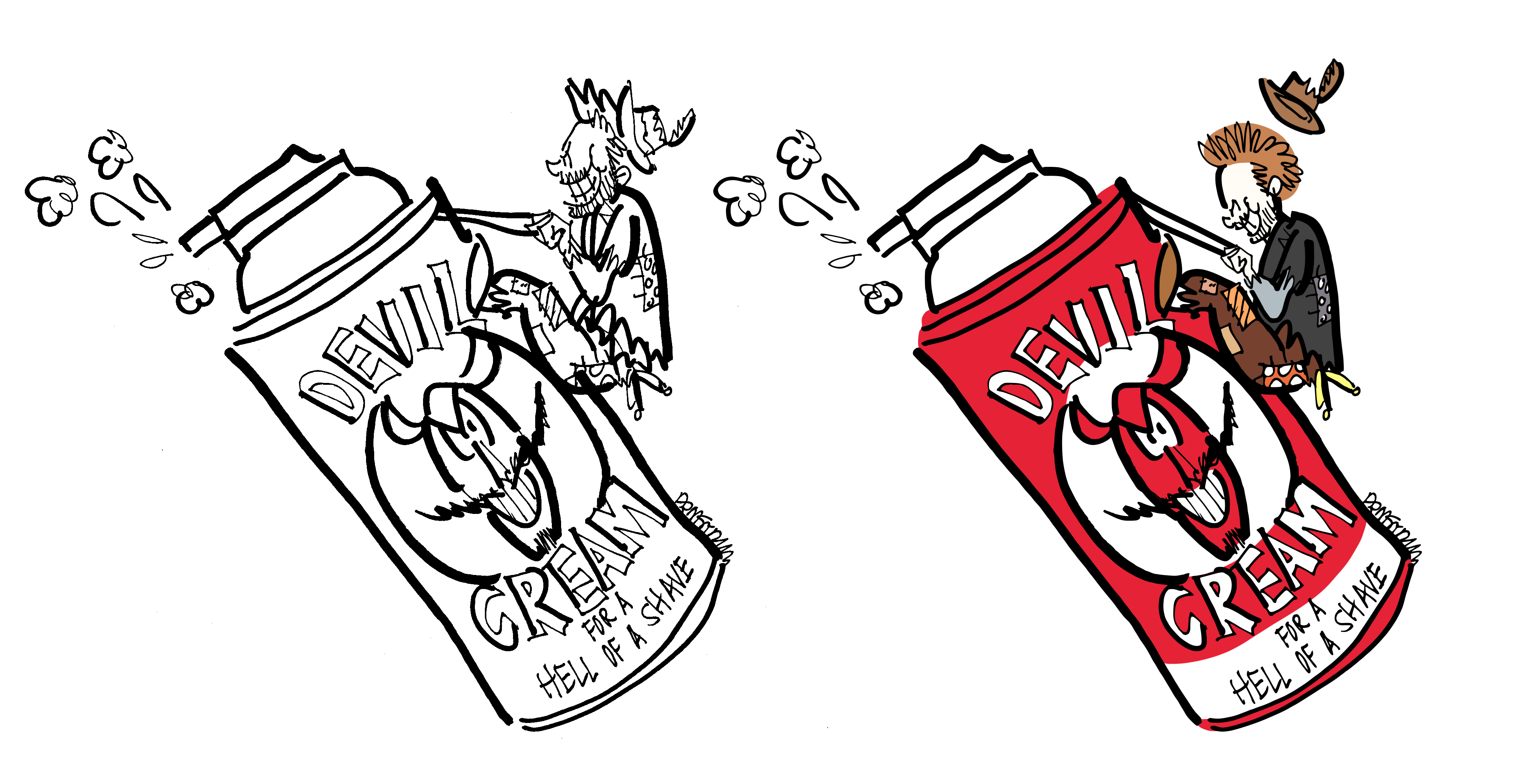 Compare of Before and After drawings of a hobo riding a giant can of shaving cream. First image shows the original B&W sketch containing mistakes. The second image shows the corrected line drawing with color added.