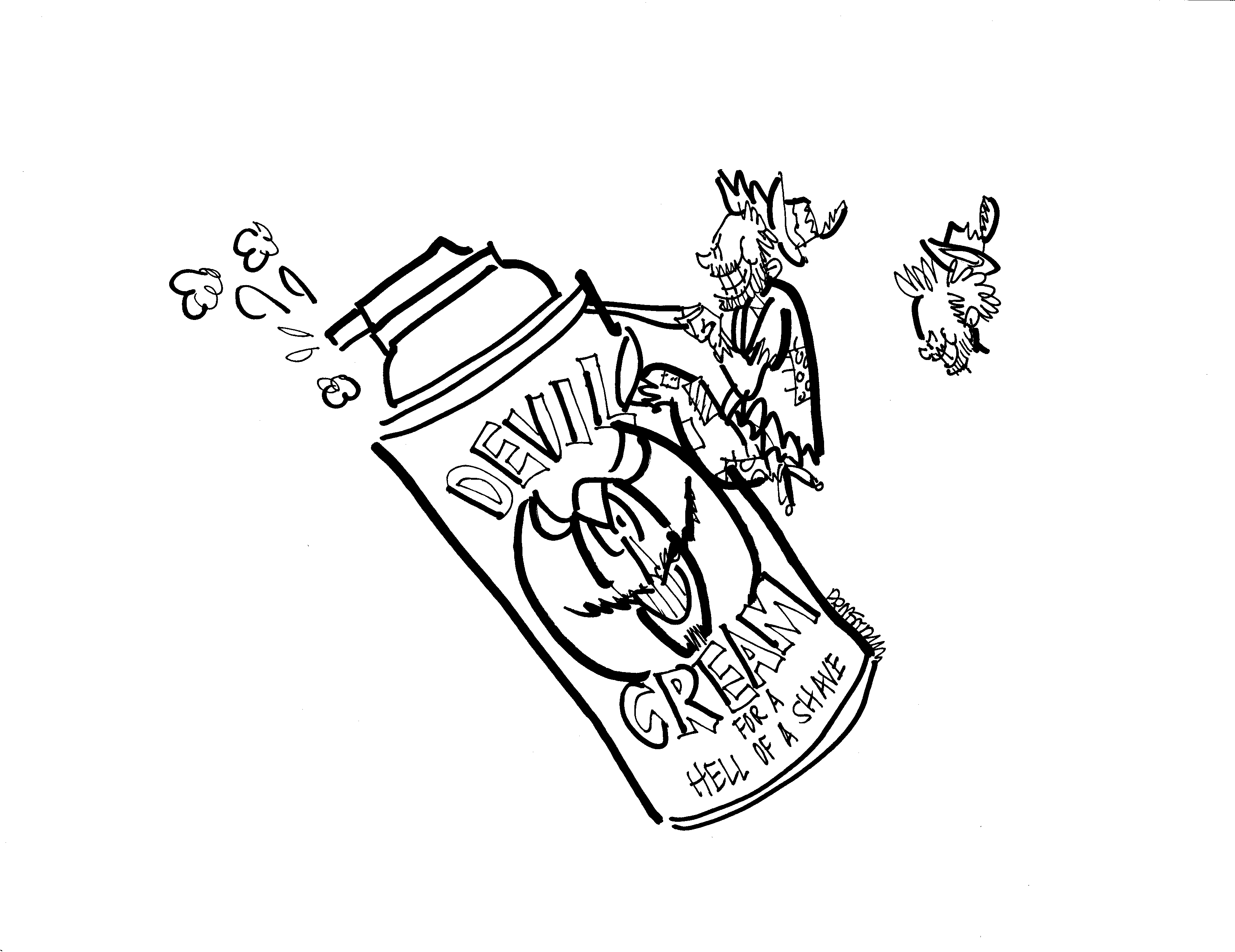 Original B&W line drawing of a hobo riding a gigantic can of shaving cream like a cowboy riding a bucking bronco. The head is too big, making the hobo look like an adult. Off to the side is a corrected B&W line drawing: the head of a hobo who's a boy not a man.