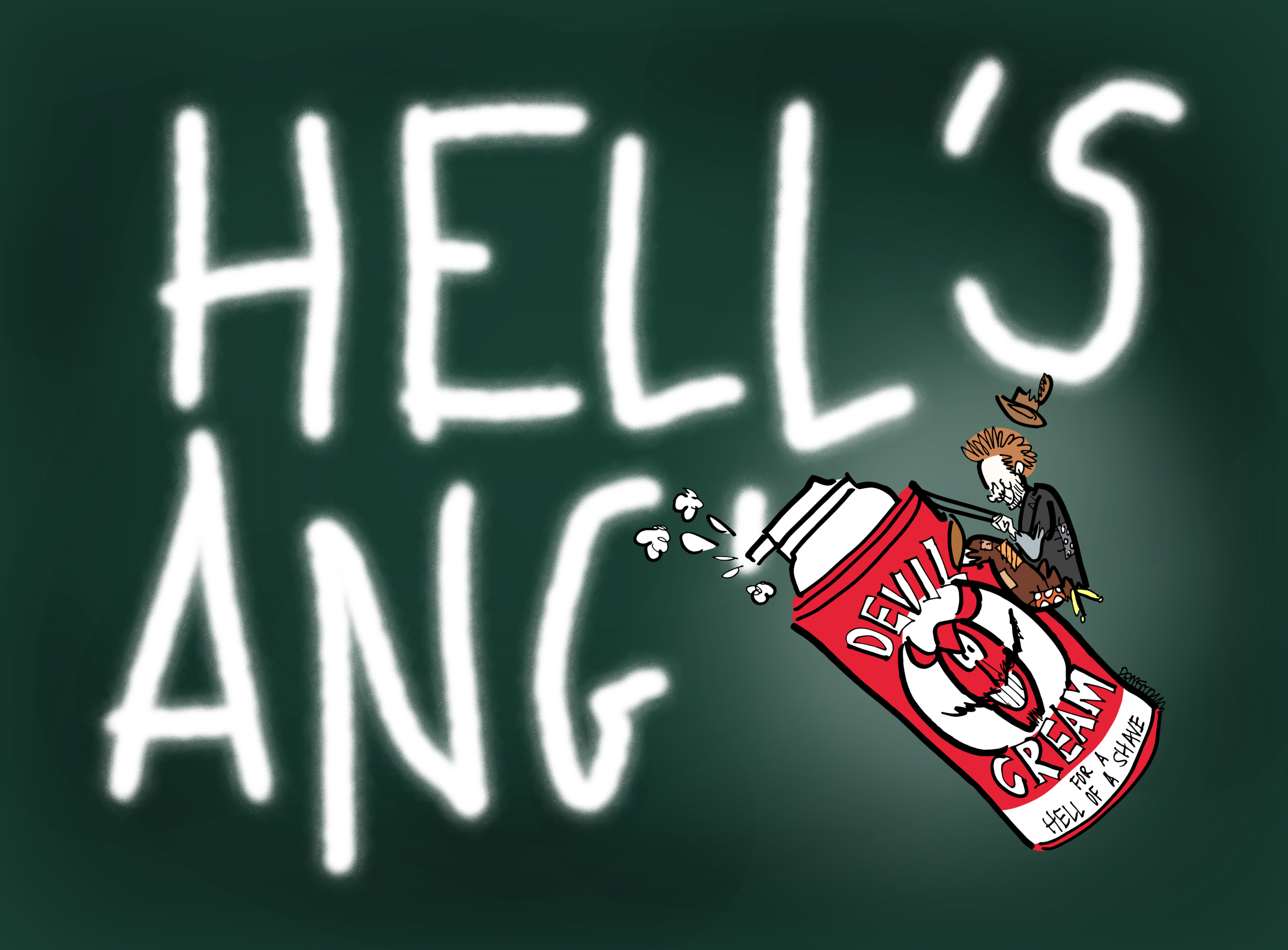 Kid dressed as a hobo for Halloween. He's riding a gigantic can of shaving cream like a bucking bronco. On the can is a devil's face with the words "Devil Cream - for a hell of a shave." He's using the shaving cream to write "Hell's Angels" on a dark green surface.
