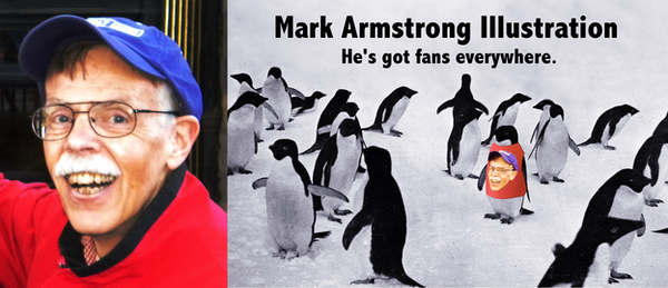 Photo of illustrator Mark Armstrong plus photo of group of penguins where one penguin is wearing a Mark Armstrong teeshirt
