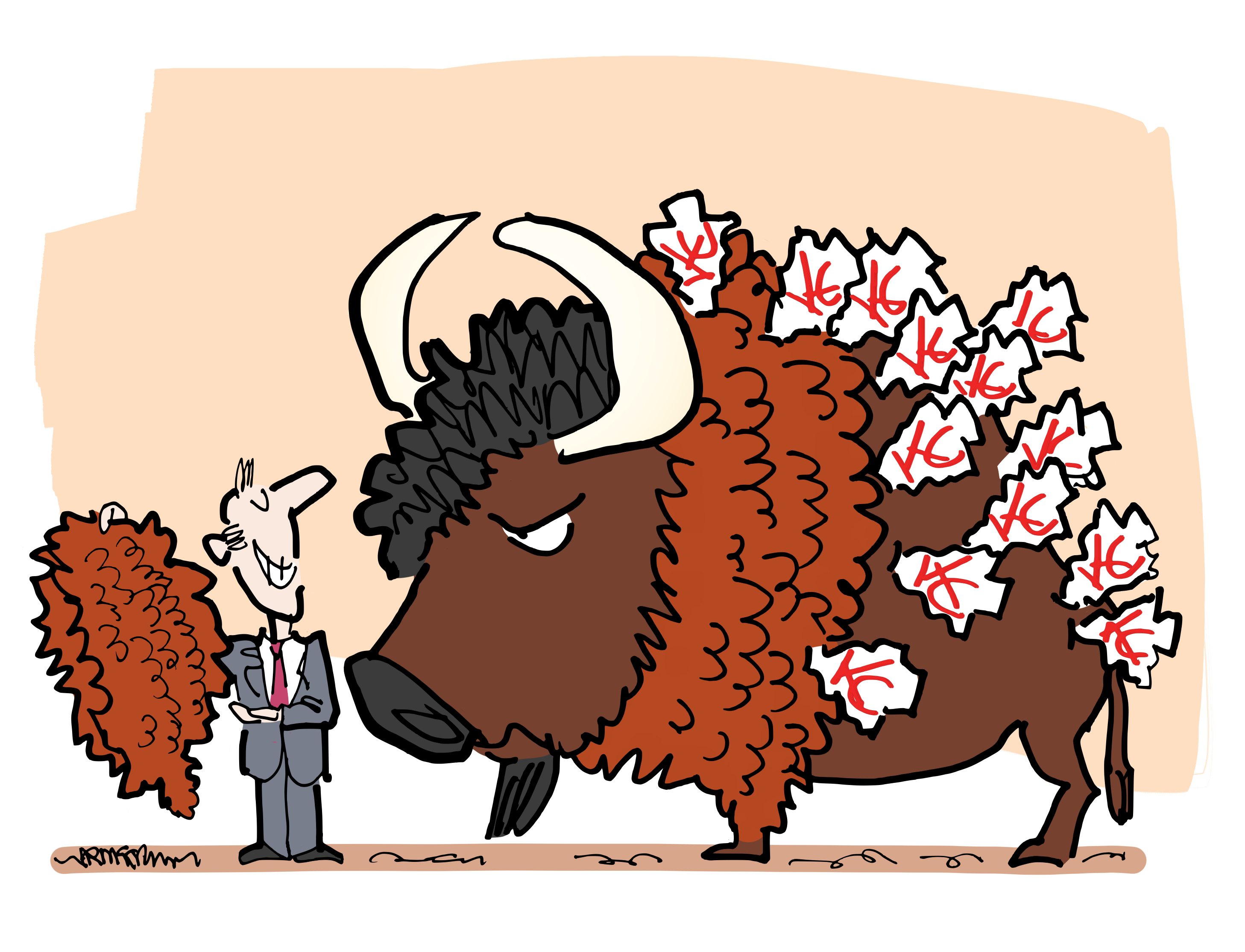 Big buffalo representing the Buffalo Bills professional football team. He's got a lot of arrowheads sticking in his body. Arrowheads have letters KC on them, representing the Kansas City Chiefs football team. Buffalo is glaring at salesman who's trying to sell him a shaggy coat to cover his backside.