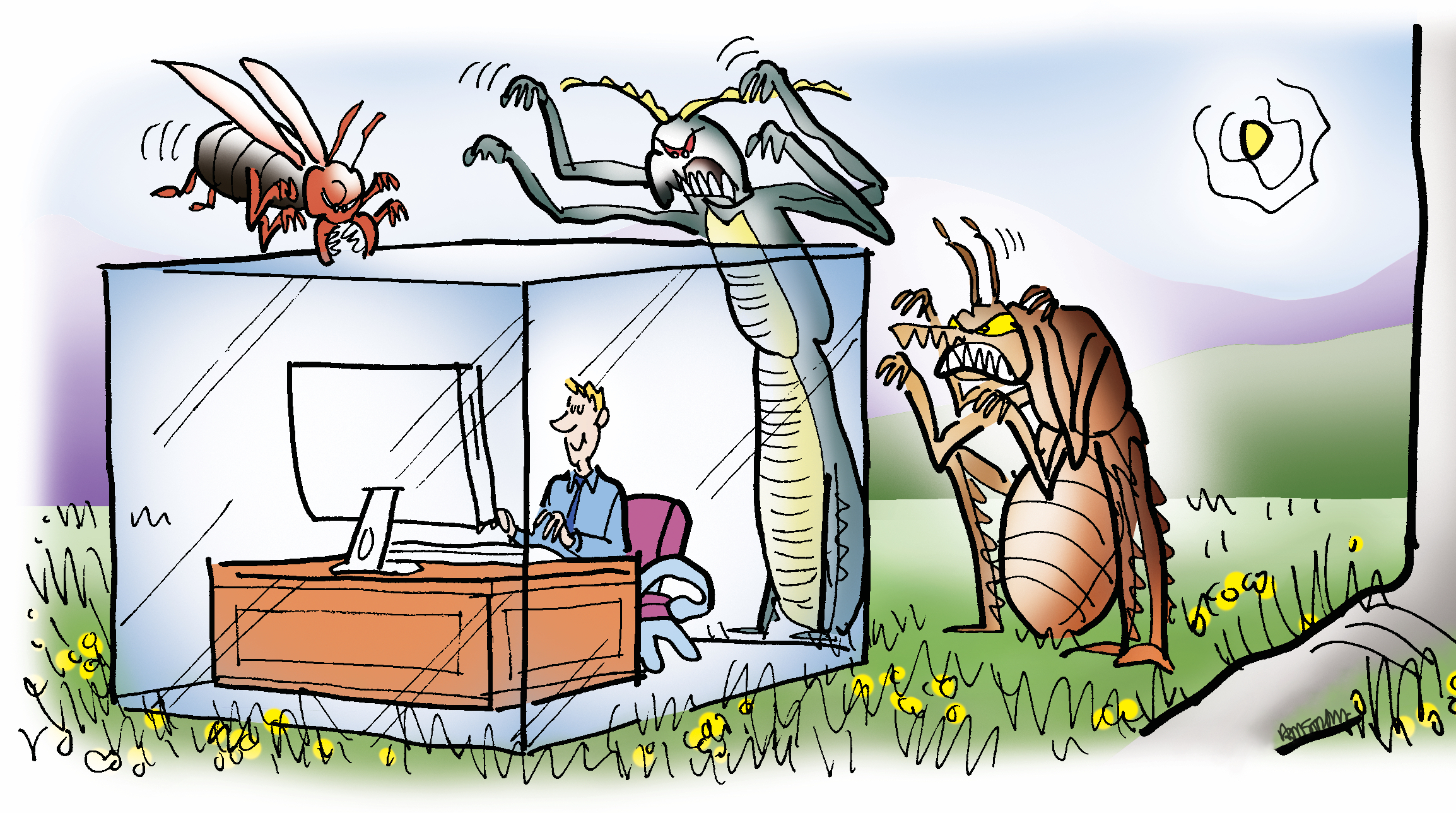 Guy sitting at desk inside big glass cube. He's smiling and typing on keyboard in front of computer. Cube is outdoors, sitting in grassy spot, with sun shining. Huge nasty cockroaches are outside the cube, trying to get in.