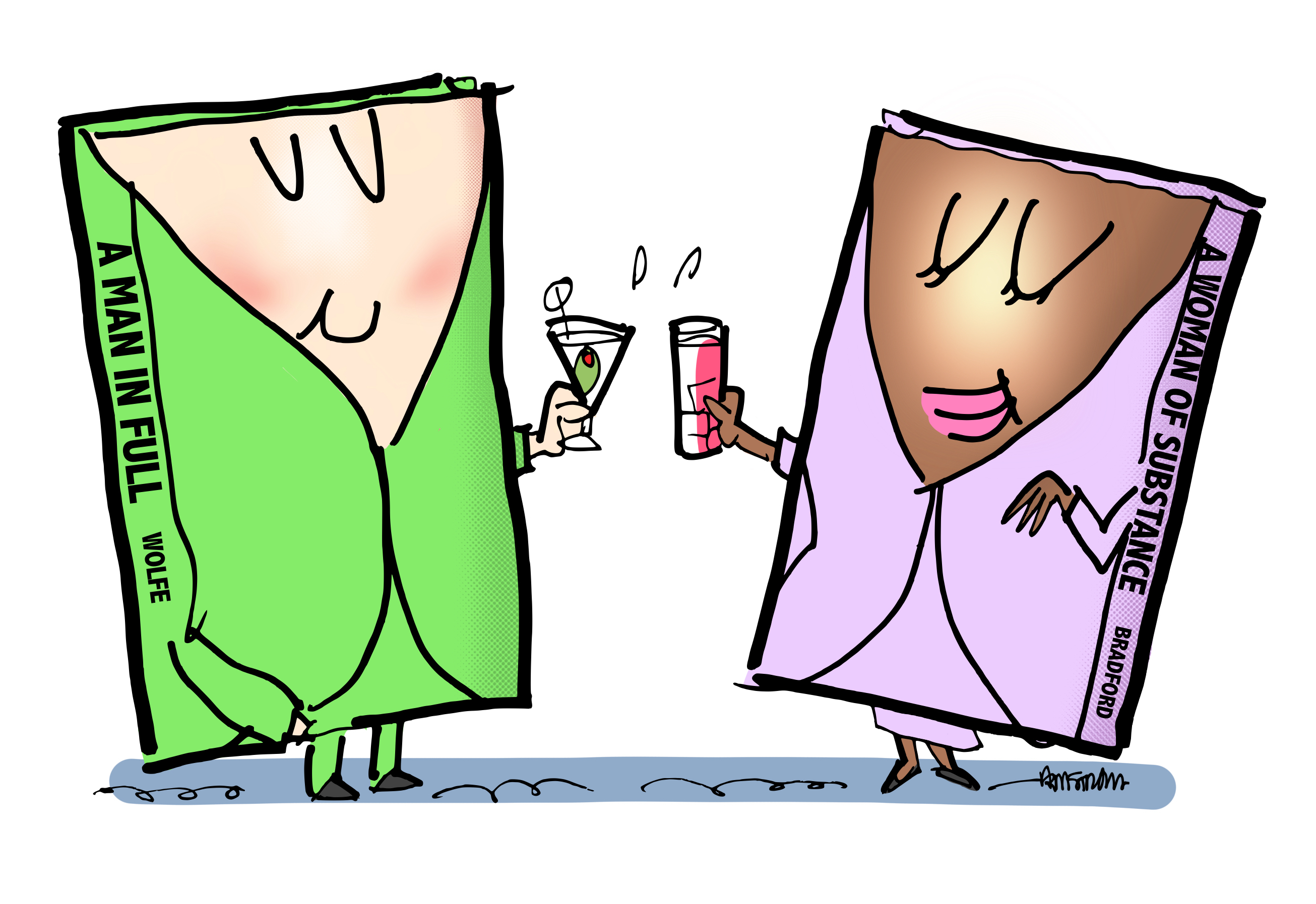 Two book cartoon characters, wearing bright and fancy book jackets, chatting at a cocktail party.