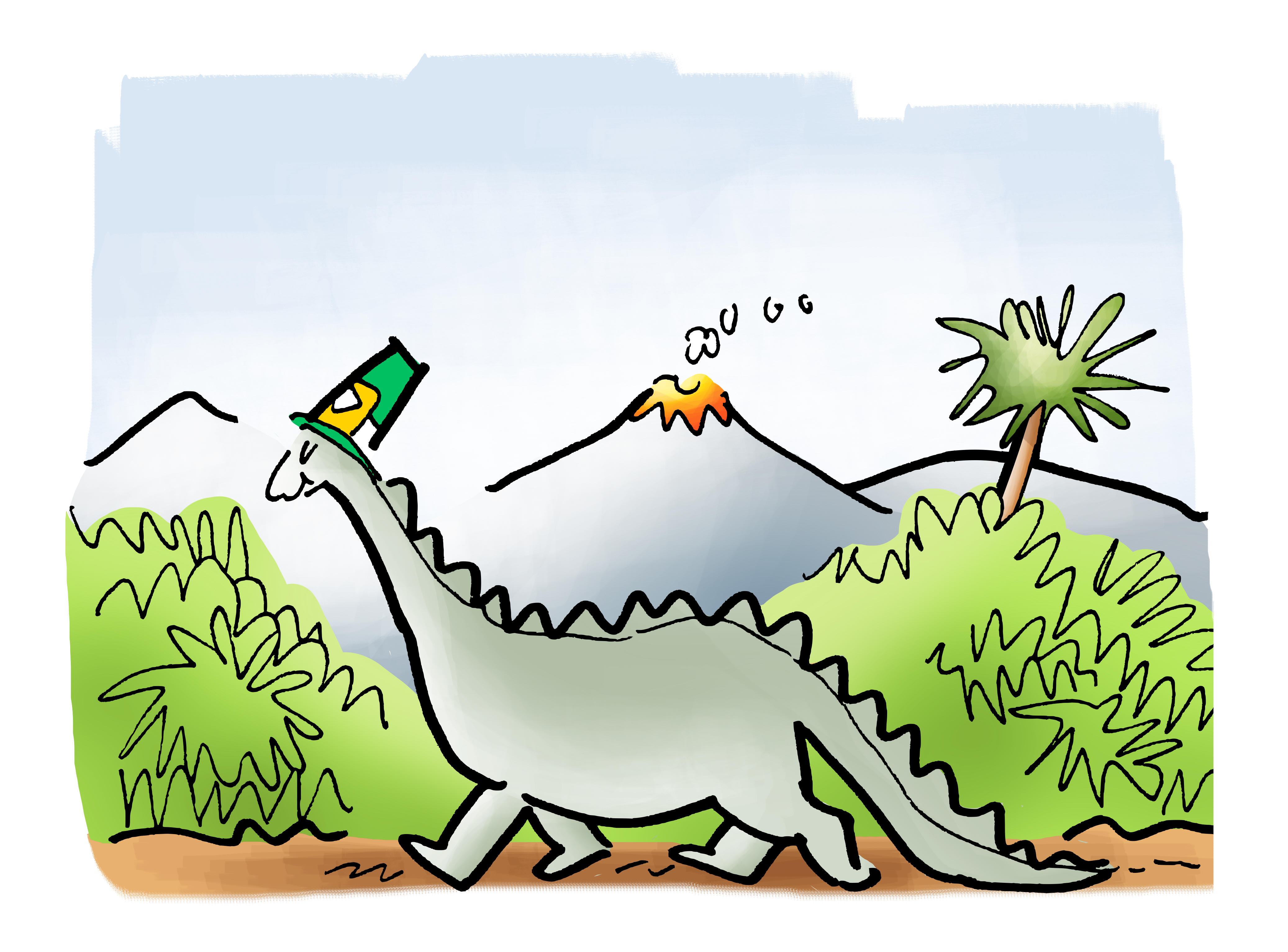 Dinosaur walking along wearing a leprechaun-style Irish green hat. Prehistoric landscape with volcano smoking in background.