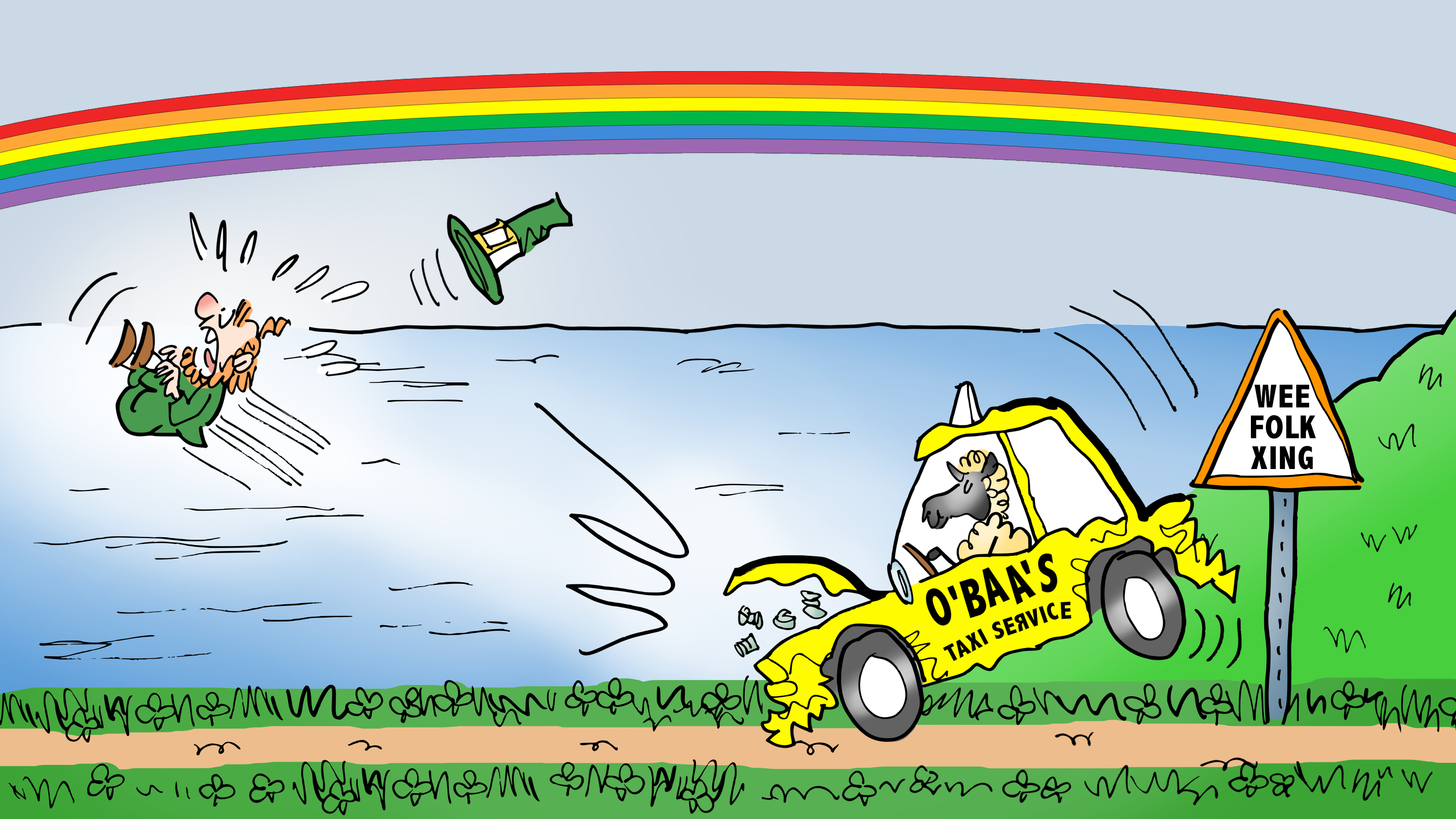 Cartoon illustration by Mark Armstrong. Rural Ireland. Rainbow in the sky. Taxi driven by a sheep has just arrived and has rear-ended a leprechaun who's been sent flying.