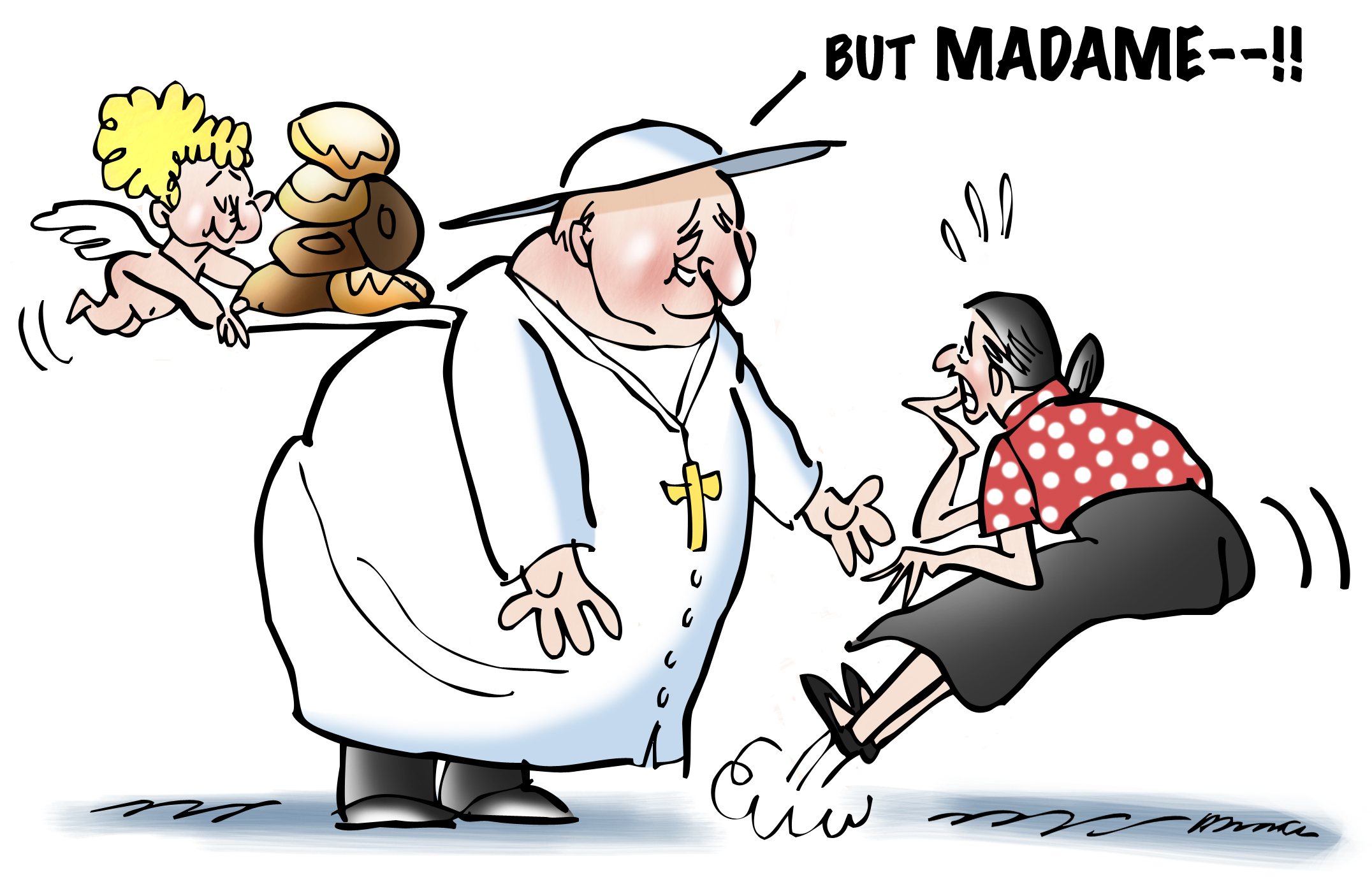 Cartoon about Catholic Pope John XXIII who was fat showing him speaking to woman and telling her the papal election is not a beauty contest with angel cherub hovering nearby with tray of donuts