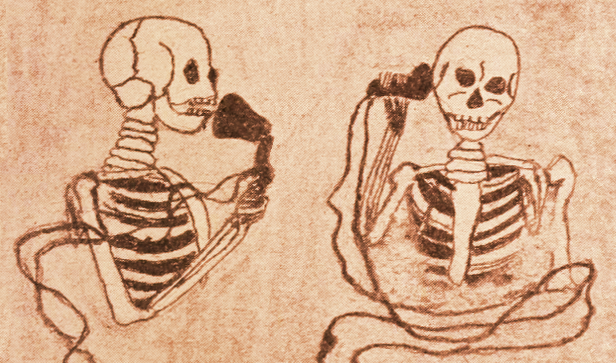 Line drawing of two skeletons talking to each other on the phone. No known copyright. Part of the Internet Archive Book Image collection hosted on Flickr. URL: https://www.flickr.com/photos/internetarchivebookimages/14763488265