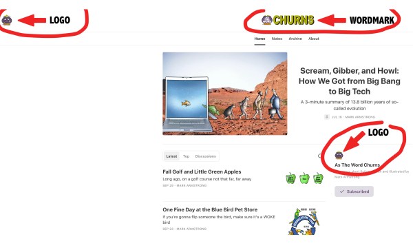 Screenshot showing how small a logo displays on a Substack newsletter home page