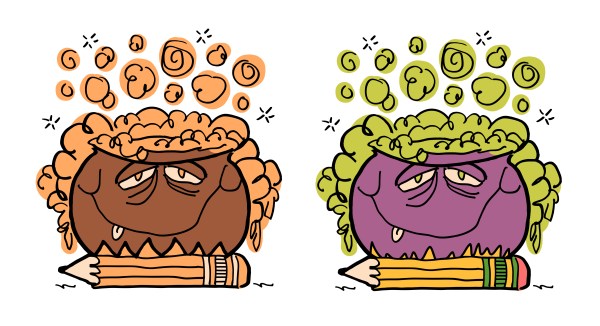 Bubbling Cauldron logo, brown and orange vs. green and purple compare