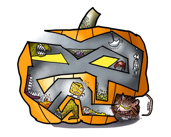 Cartoon illustration by Mark Armstrong. Halloween corn maze. Piece of cheese is navigating his way through tunnels in a pumpkin. He's avoiding scary hazards like piranha, pendulum, spider, monsters, fiery pit, etc. He's creeping down the last tunnel where a hungry rat is waiting for him.