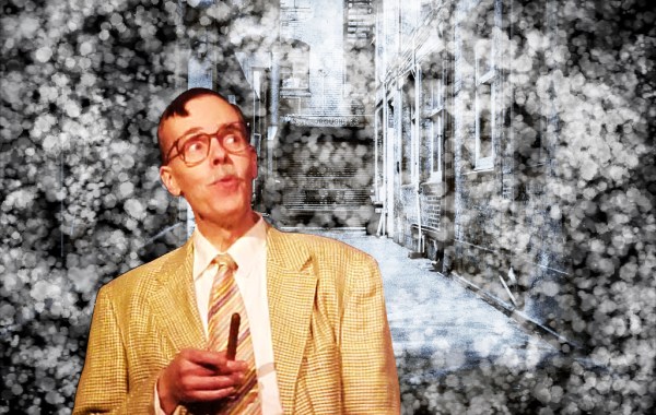 Illustrator Mark Armstrong smoking a cigar and walking through a dark alley in a snowstorm on New Year's Eve.