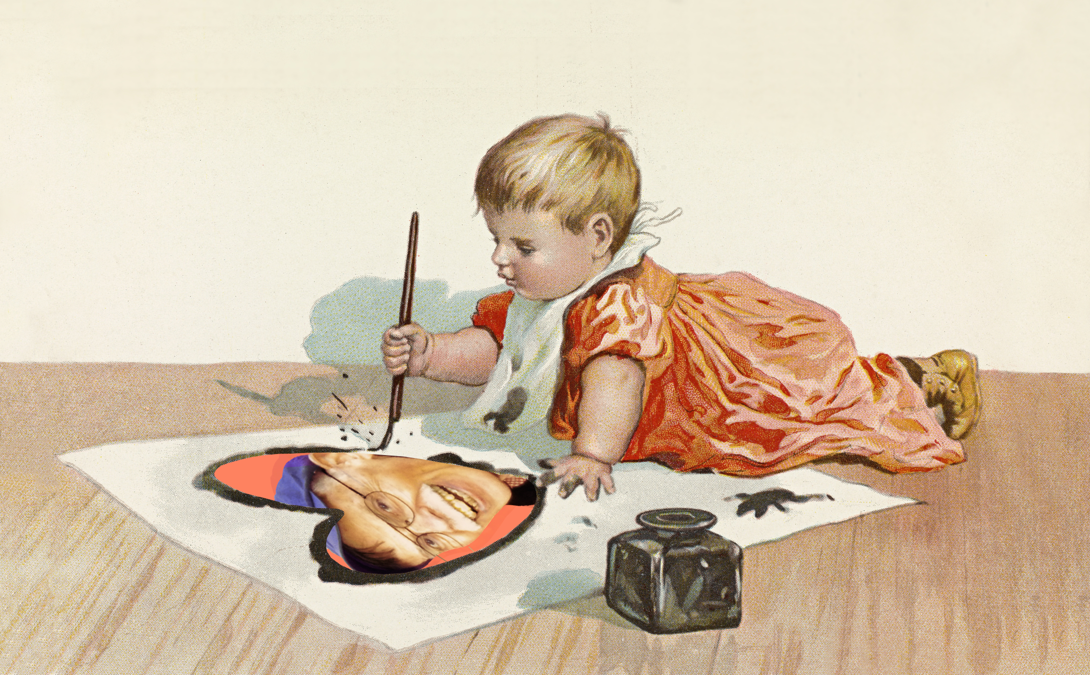 Baby on floor, drawing on a paper with pen and ink. Baby has drawn a heart with the handsome face of illustrator Mark Armstrong inside the heart.