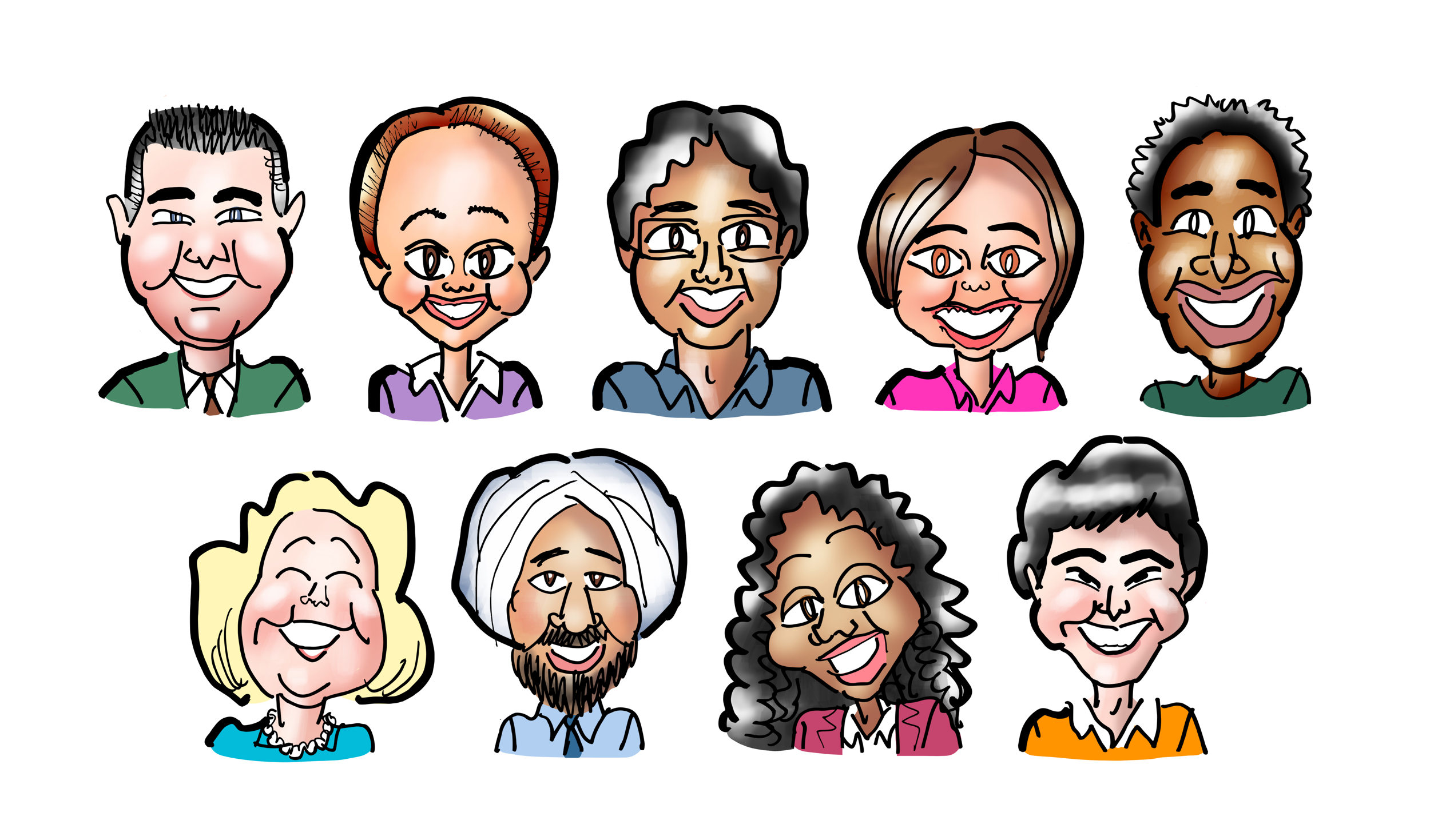 Nine drawings of men and women, just the head and shoulders. All of them are different races, ethnicities, and nationalities.