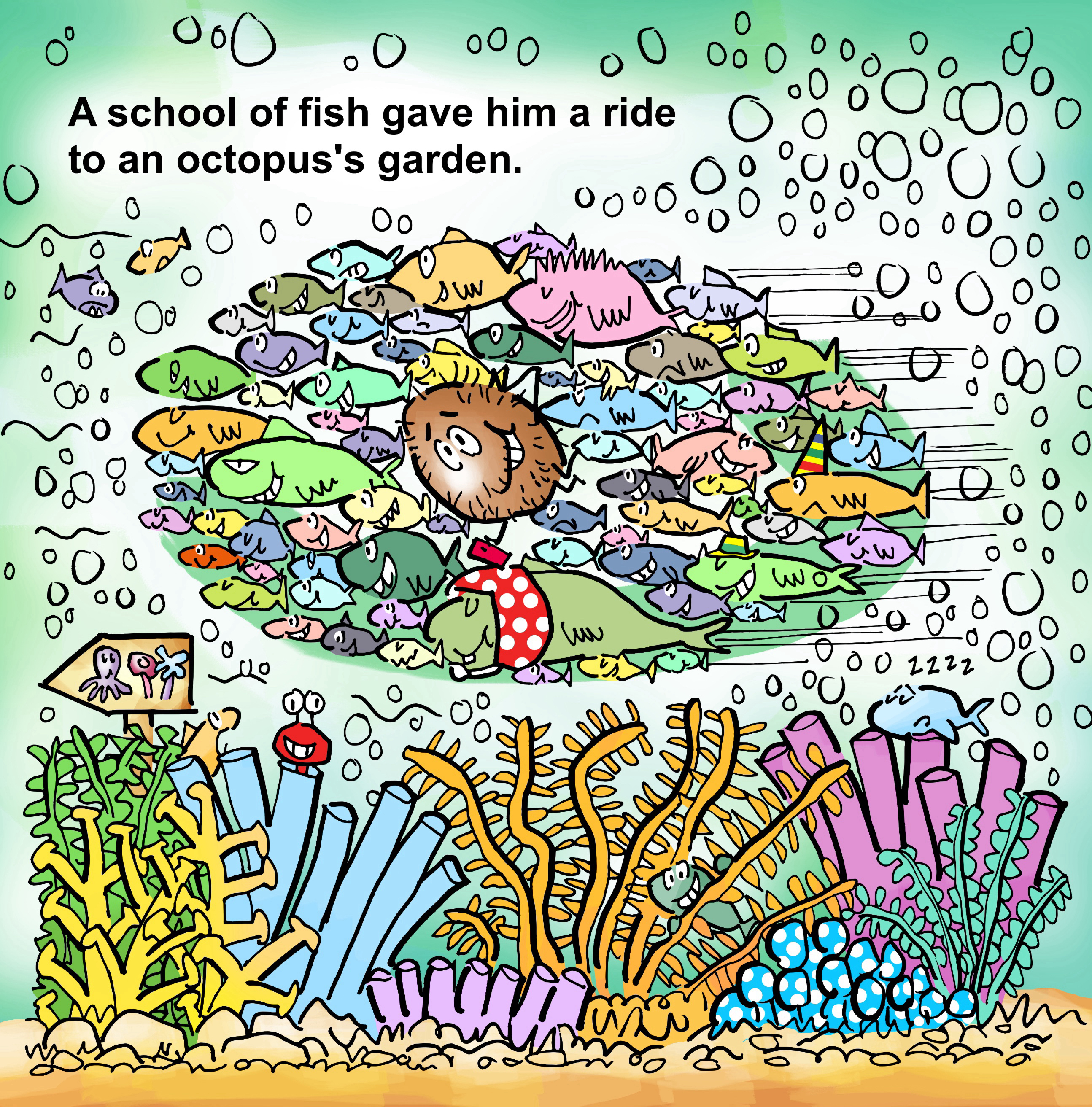 Fish school gives Fred a lift to octopus's garden, illustration from children's book, Fred The Coconut, by Mark Armstrong