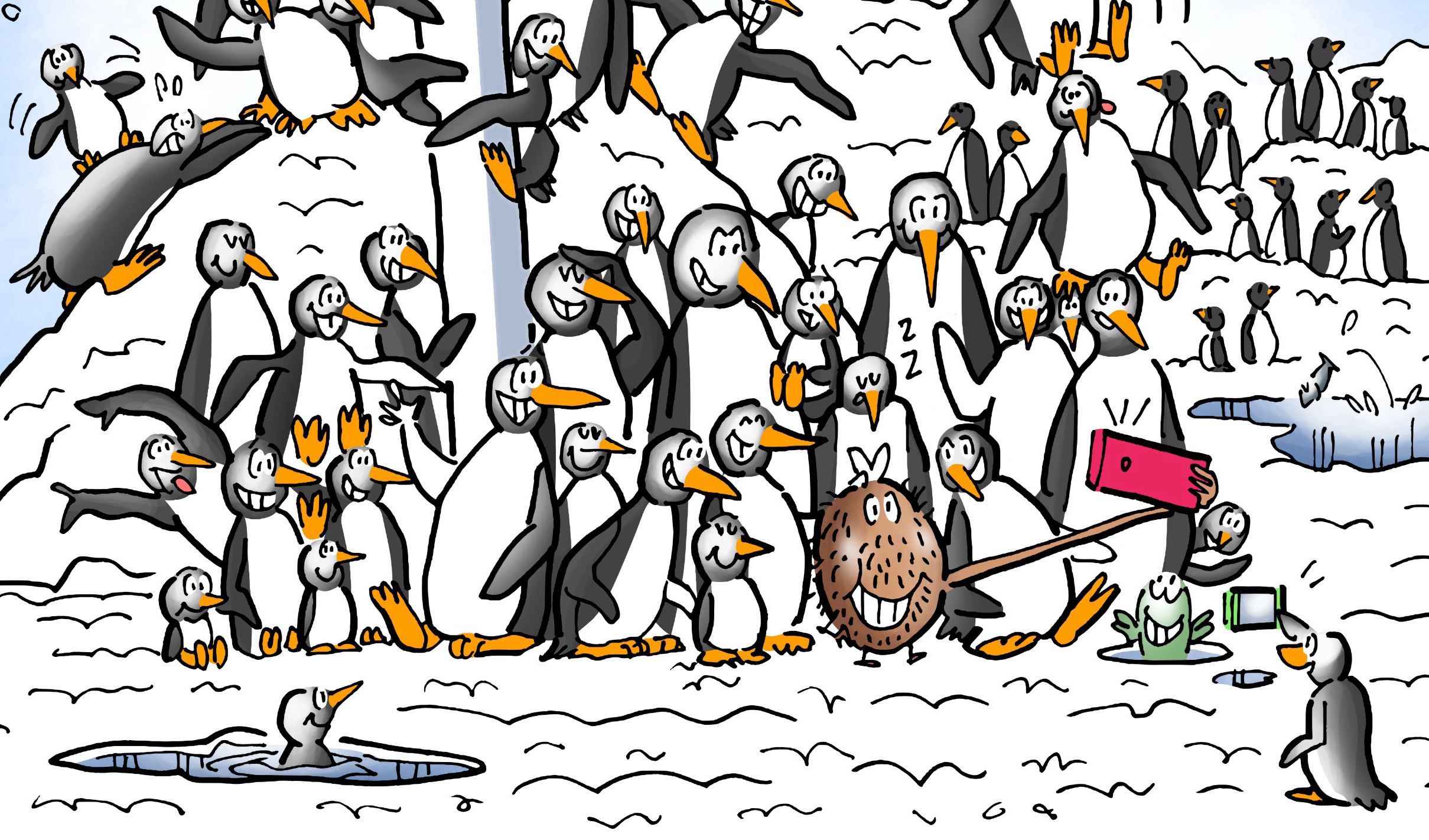 Fred takes selfie with new penguin friends, illustration from children's book, Fred The Coconut, by Mark Armstrong