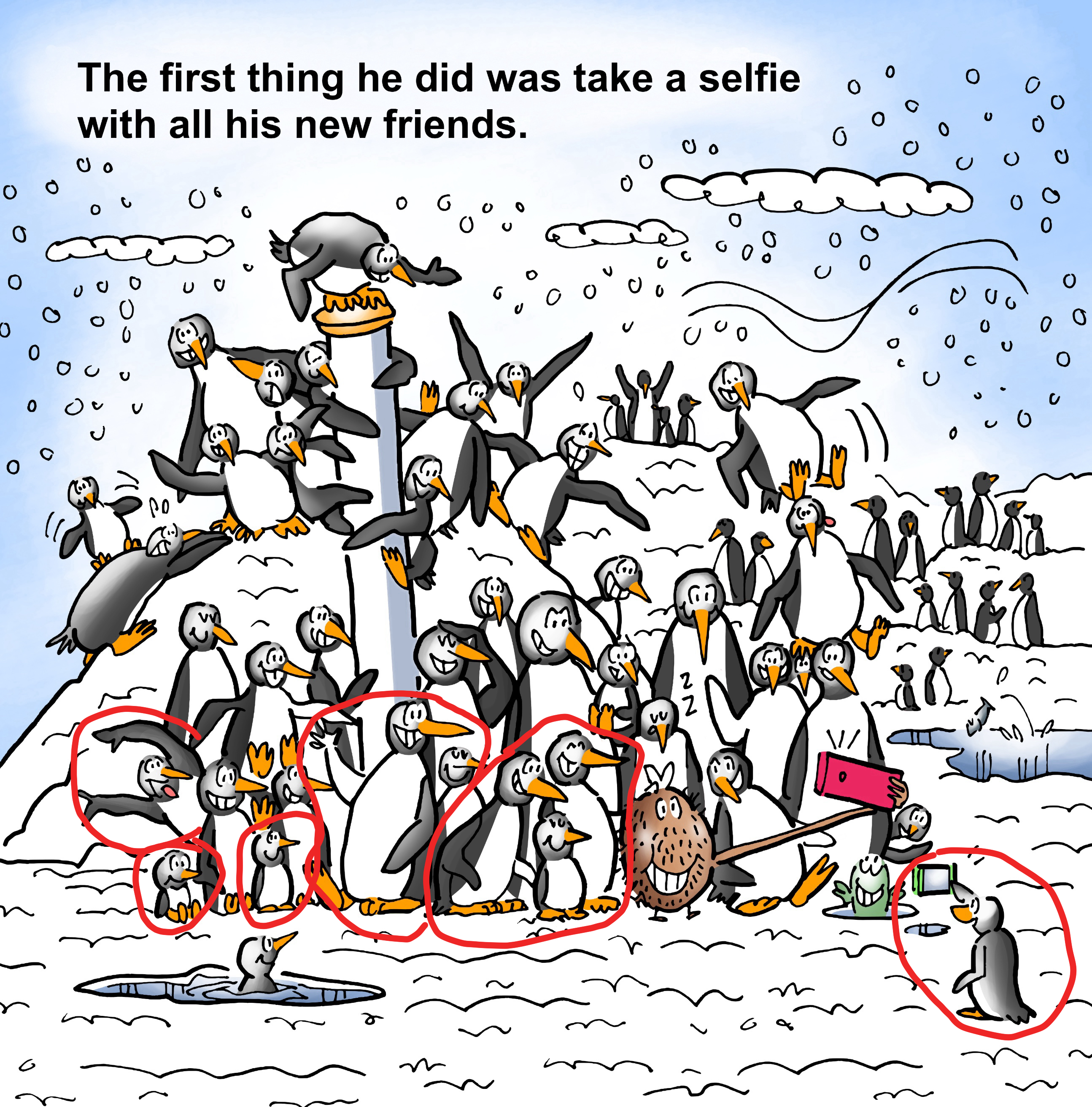Fred takes selfie with new penguin friends, illustration from children's book, Fred The Coconut, by Mark Armstrong