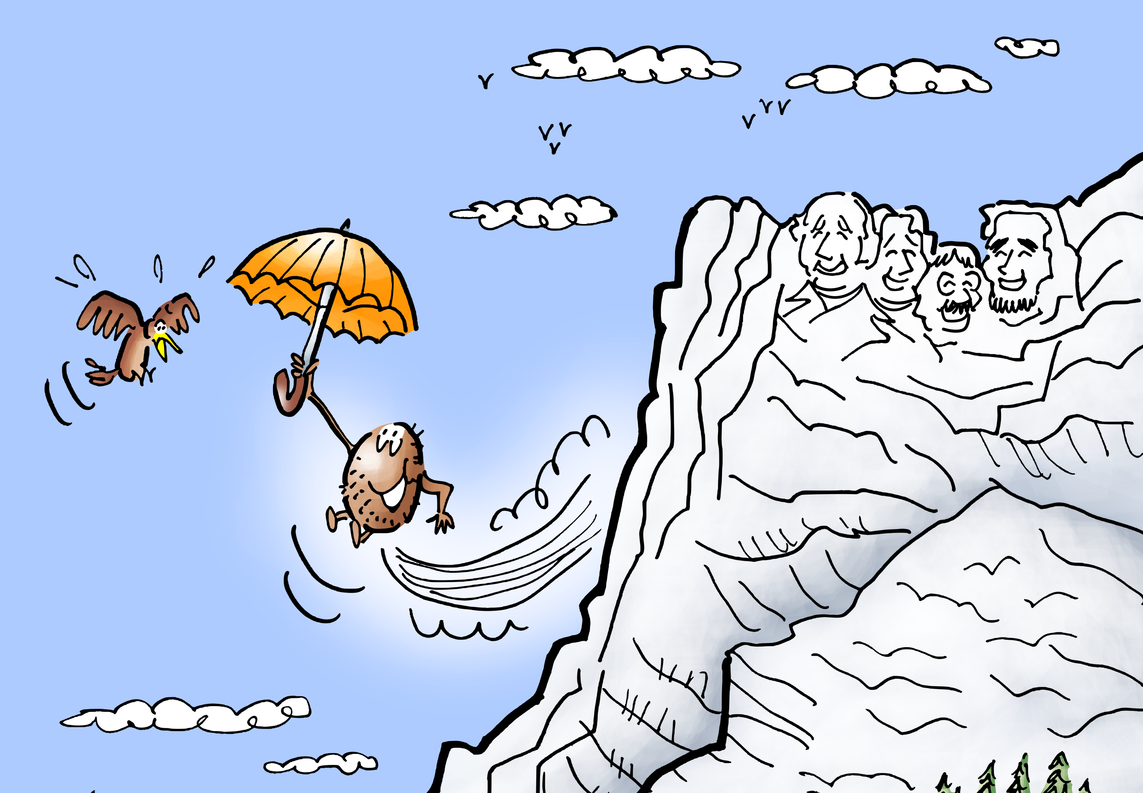 Illustration from the children's book "Fred The Coconut," written and illustrated by Mark Armstrong. Fred The Coconut has fallen off Mt. Rushmore and is saved by his umbrella and a helpful air current.