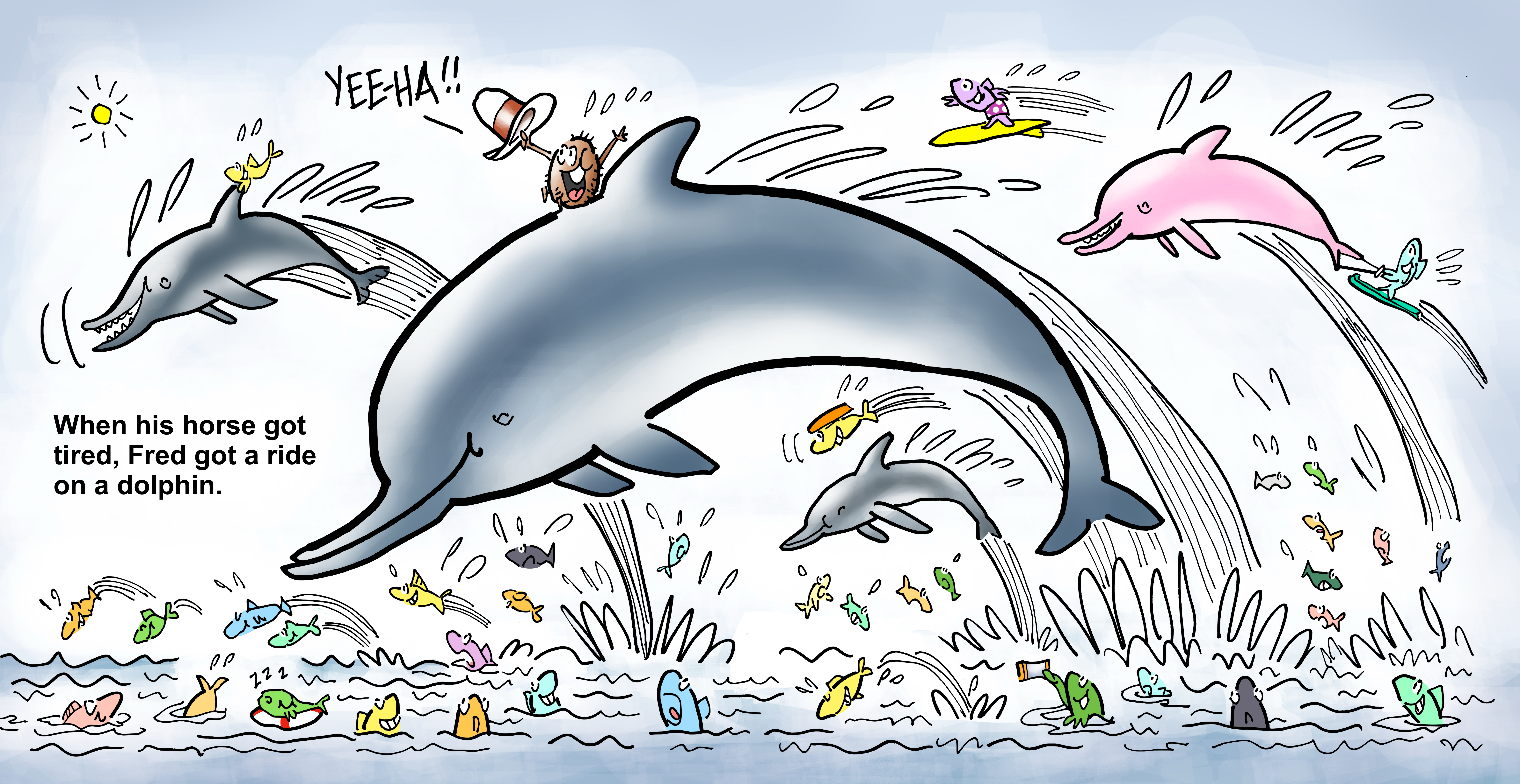 Fred rides dolphin, illustration from children's book, Fred The Coconut, by Mark Armstrong