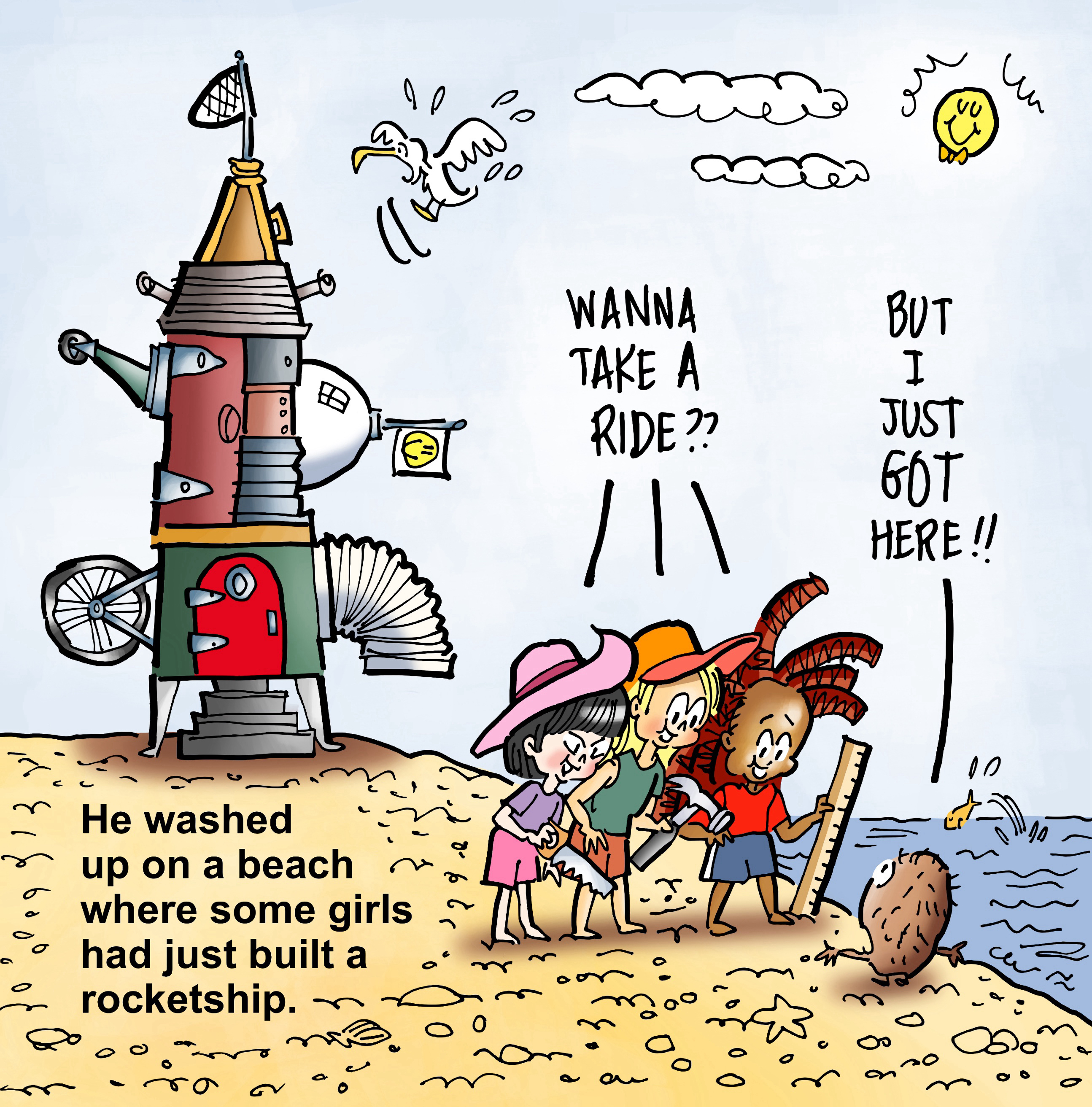 Fred meets girls who built rocket ship, illustration from children's book, Fred The Coconut, by Mark Armstrong