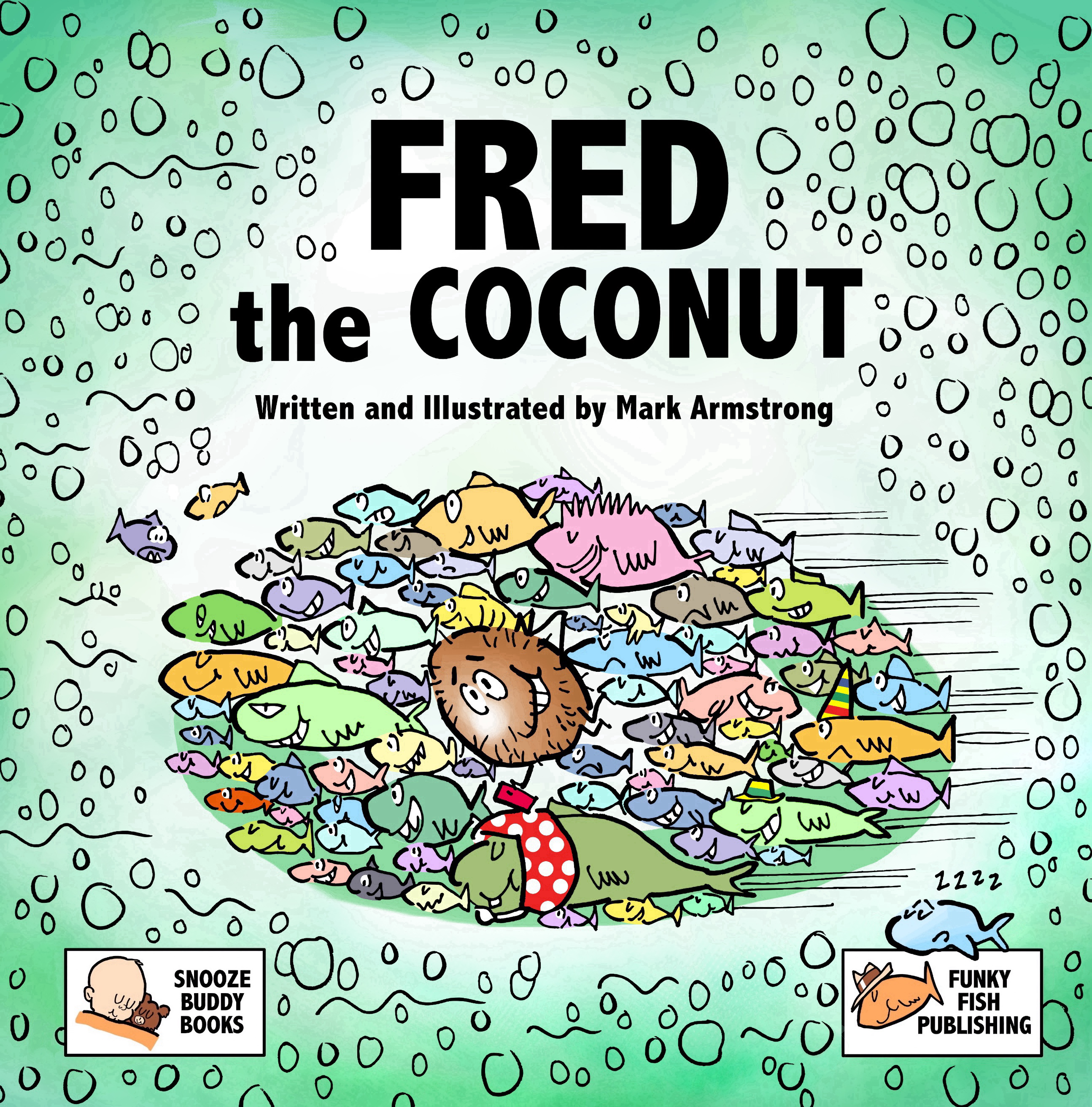 Fred getting ride from fish school, title page for children's book, Fred The Coconut, by Mark Armstrong