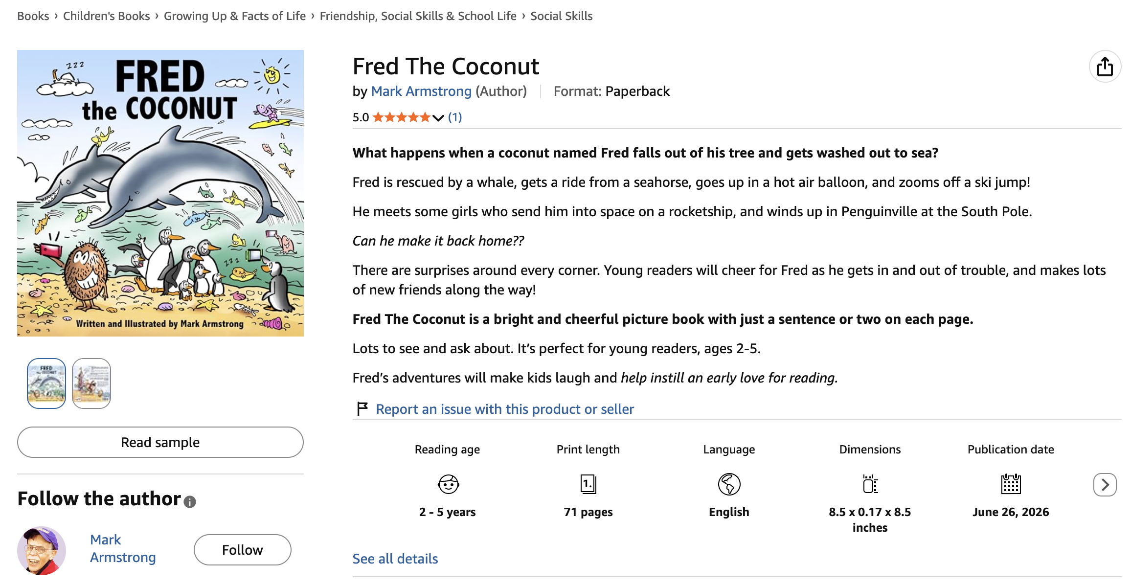 Top portion of Amazon book page for "Fred The Coconut," a children's book by Mark Armstrong.